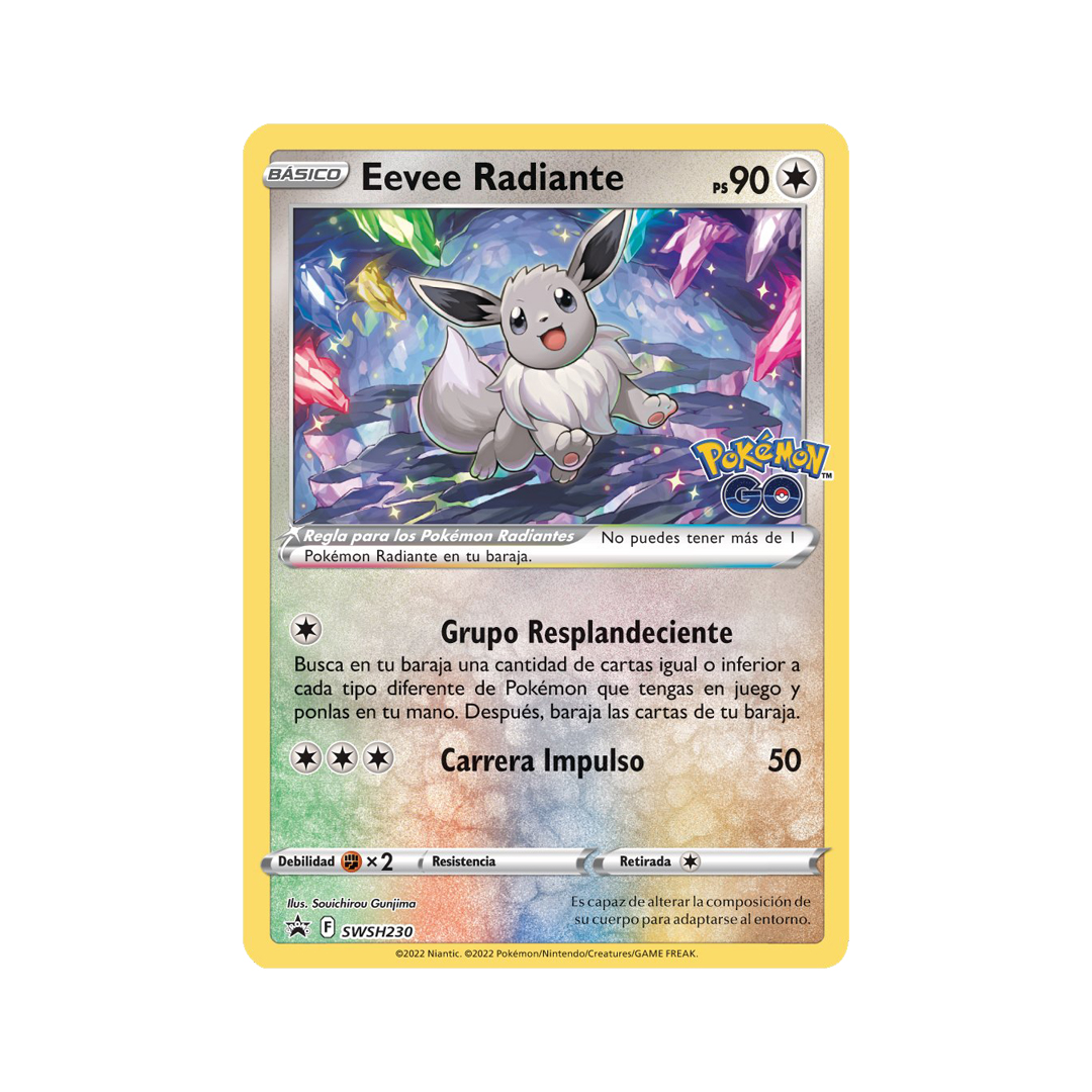 Carta promocional de Eevee Radiante que contiene la caja de Eevee Radiante de Pokémon GO